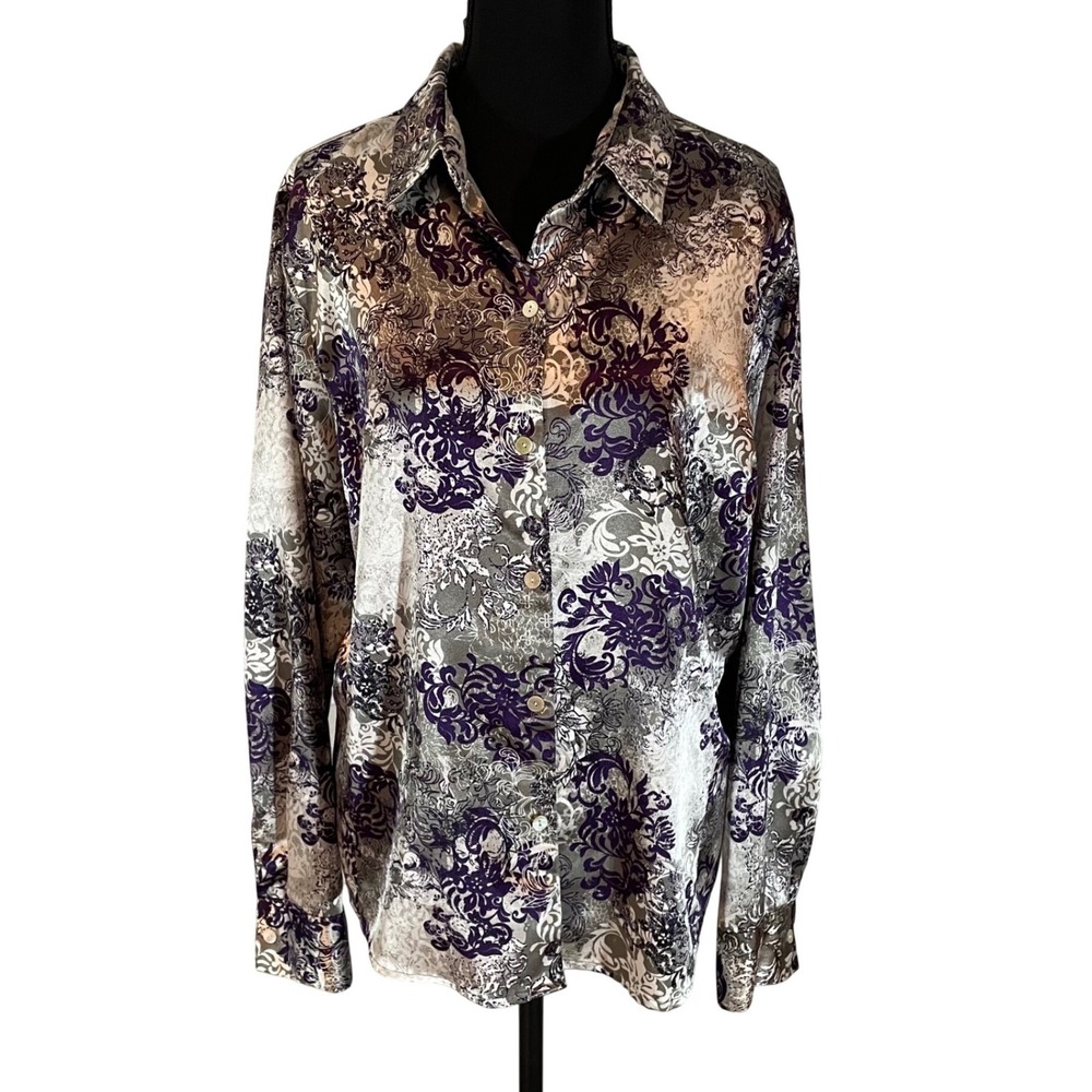 Y2K Baroque Floral Button-Down Blouse Silky Purple Taupe Neutral Print‎ Sz 14